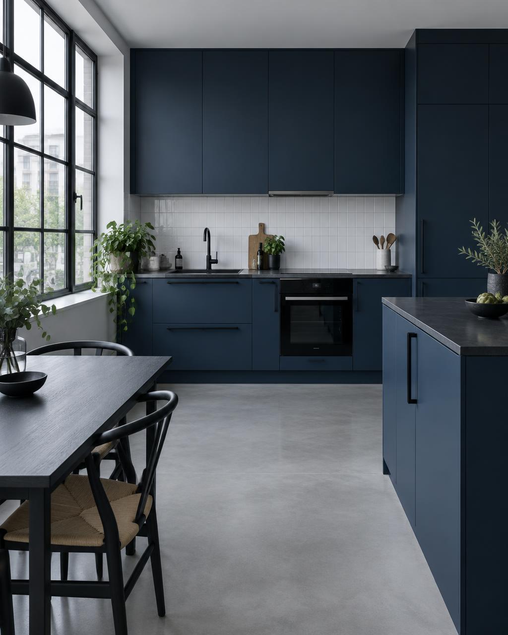 Cocina reformada en azul marino con detalles en negro